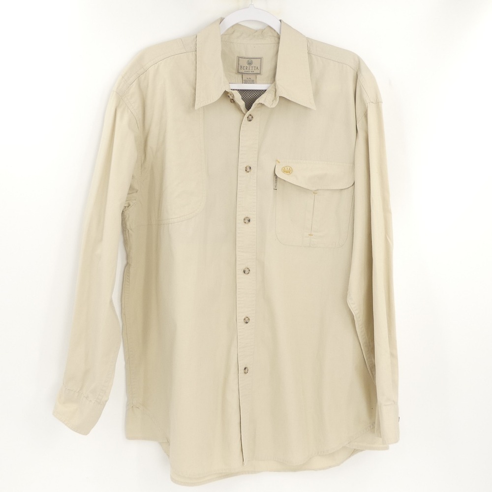 Beretta‎ Men's Large Tan Shooting Hunting Long Sleeve Casual Button Down Shirt